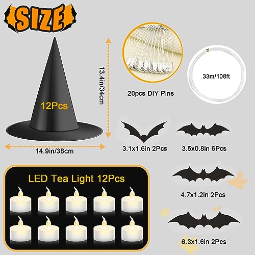 Taupphoo Halloween Black Witch Hats DIY Floating Light Up Witch Hats with Tea Lights - 24 Pack