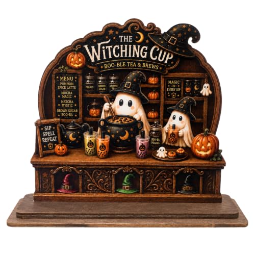 Halloween Ghost Coffee Bar Decor - Wooden Tabletop Sign for Kitchen & Cafe
