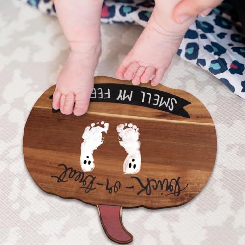 Baby Halloween Pumpkin Cutting Board with DIY Ghost Footprint & Colors - Fall Decor