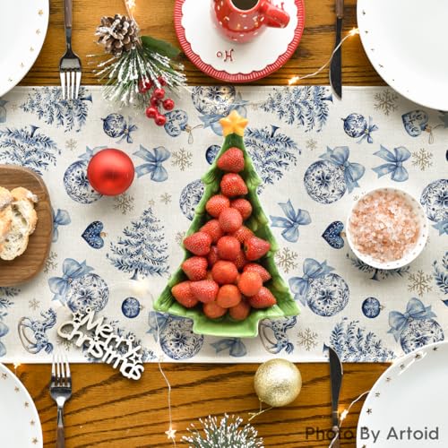 13 x 108 Inch Christmas Table Runner - Blue Winter Holiday Decor - Artoid Mode