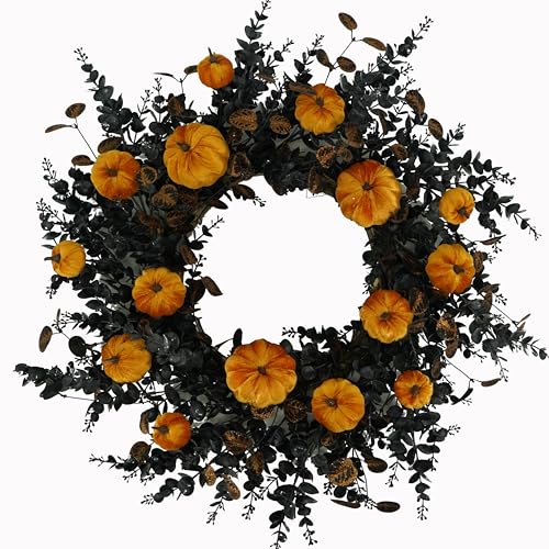 22-Inch Halloween Wreath with Pumpkins and Eucalyptus Leaves - Orange Pumpkin Variation