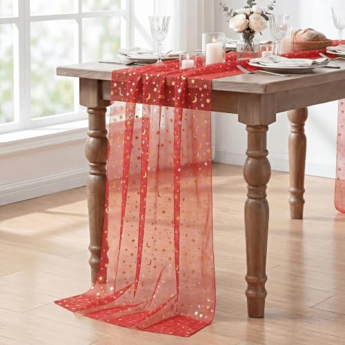 Red Gauze Stars Moon Table Runner 28x120 Inch Glitter Metallic Sheer Decor
