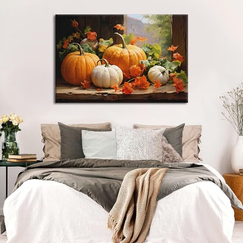 Pumpkin Canvas Wall Art - Fall Autumn Halloween Decor - 48x32 Inches - Rustic Framed Artwork for Living Room & Kitchen - Sunfrower