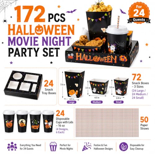Halloween Movie Night Snack & Drink Set - 24 Sets of Trays Cups Straws