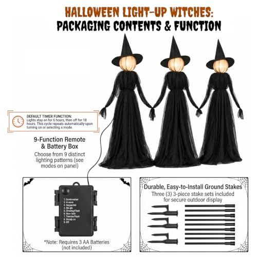 Hourleey Halloween Witch Stakes Outdoor Decorations - Lighted 5FT Set of 3 with 8 Light Modes