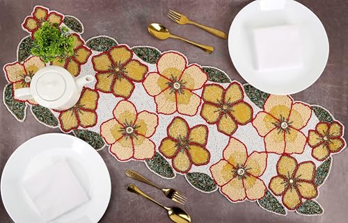 Beaded Table Runner Yellow & Green 36x13 Inches - Handcrafted Decor