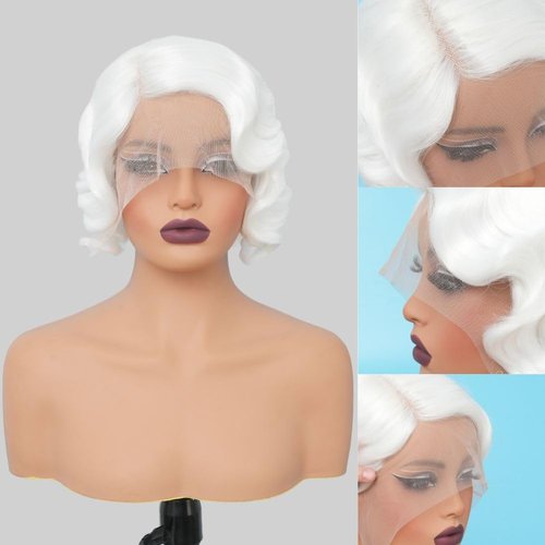Salaibs White Finger Wave Lace Front Wig for Women Short White Curly Wig Synthetic 1920s Halloween Cosplay Costume Party with Wig Cap