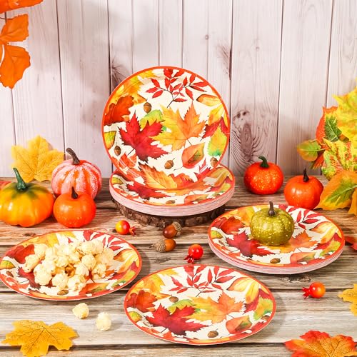 Fall Leaves Paper Plates - 7-Inch Thanksgiving Maple Leaf Dessert Plates - 24 Pack