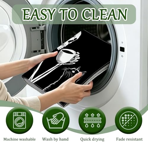 Skeleton Coffee Cat Dish Drying Mat - Reversible Black & White Microfiber Kitchen Rug 18x24 Inch