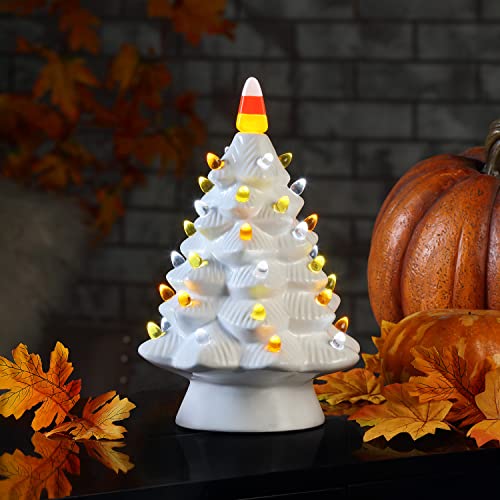 12-Inch Ceramic Candy Corn Halloween Tree with LED Lights - Nostalgic Tabletop Decoration