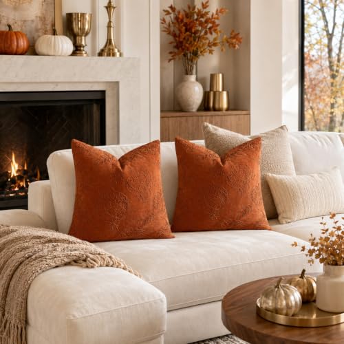 Pumpkin Embroidered Fall Pillow Covers 12x20 Inch Orange Chenille Pack of 2