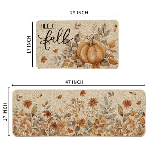 Pumpkin Hello Fall Kitchen Mat Set of 2 - 17x29 & 17x47 Beige