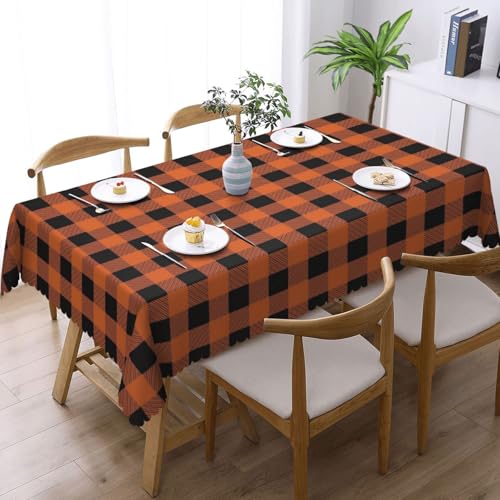 Orange Black Checkered Tablecloth for Dining Tables - Reusable Gingham Fall Decor 54x72 Inches