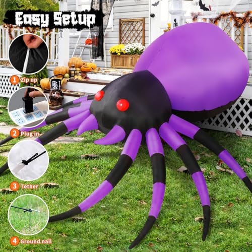 GOOSH 5 FT Purple Halloween Inflatable Spider Outdoor Decoration with Magic Lights