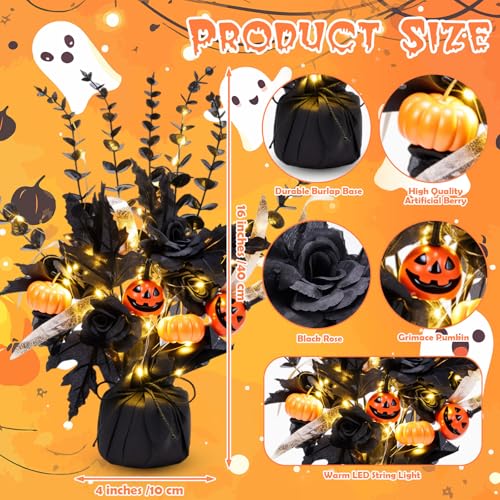 Halloween Centerpiece Set with LED Lights - Black Roses, Pumpkin Flowers, Eucalyptus, 16-Inch Decor