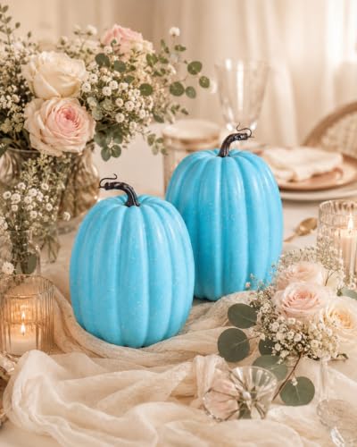 Vensovo 2 Pack 8-Inch Light Blue Faux Pumpkins for Fall & Holiday Decor - DIY Friendly