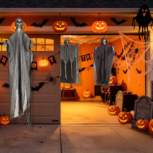 Hanging Skeleton Ghost Decorations Set with Adjustable Arms - Hat Variation