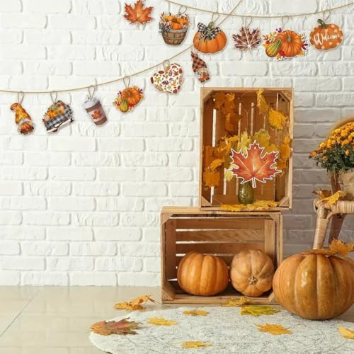 Fall Tree Decorations Gnome Truck Pumpkin Maple Leaf Wooden Hangings - Orange-4