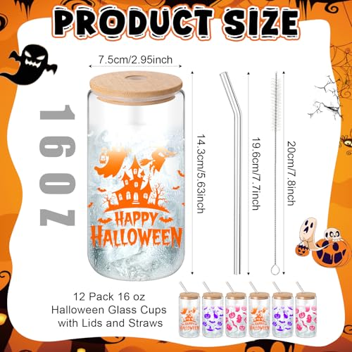 Vesici 12 Pack Color Changing Halloween Glass Cups with Lids & Straws - Ghost Pumpkin Bat Design