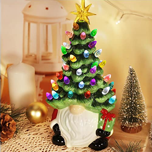 Lighted Ceramic Christmas Gnome Tree - 12 Inch Holiday Decor
