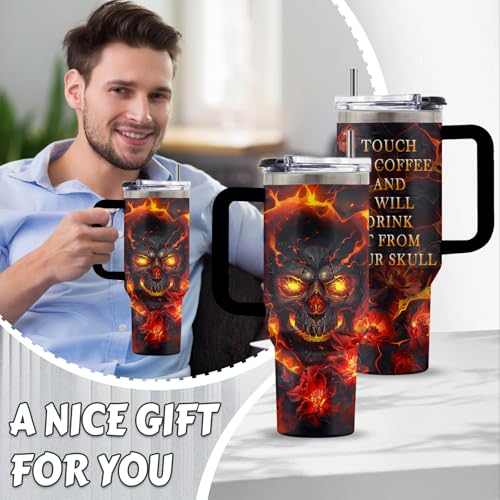 Goth 40oz Stainless Steel Wicked Tumbler with Handle & Straw - Flame Skull Variation