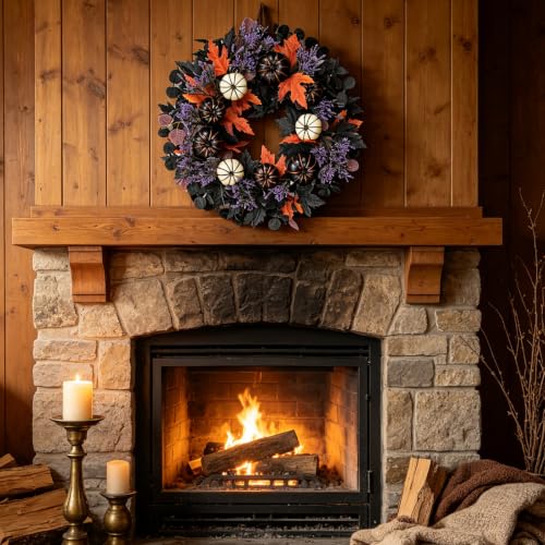 Halloween Wreath for Front Door - Black & White Pumpkins, 22 Inch - Variation: Black
