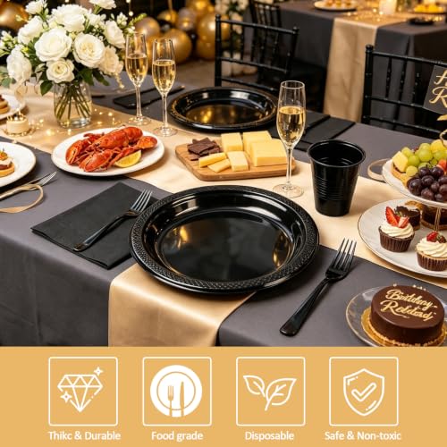 Black Plastic Party Plate Set 200pcs Dinner Plates Cups Napkins Cutlery Disposable