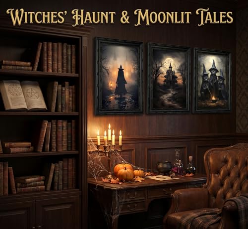 Halloween Canvas Wall Art Set - Dark Academia Gothic Witch Black Cat Castle Framed 16x12