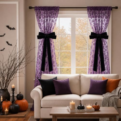 Halloween Black Velvet Bow Curtain Tie Backs - 19.7x15.7 Inches, Set of 2