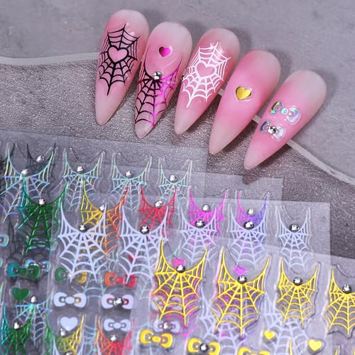 Halloween Nail Stickers 3D Self-Adhesive Nail Decals Love Spider Web - Gold Black White Rainbow, 5 Sheets