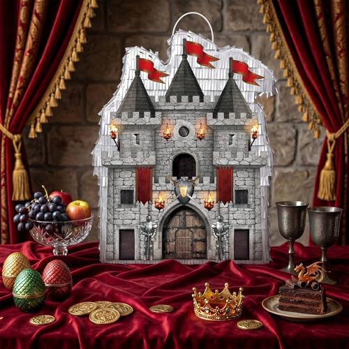 Medieval Castle Piñata with Blindfold and Bat - Knight Theme Party Accessory