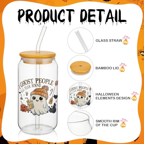 Cute Halloween Glass Cups Set with Bamboo Lids & Straws - Ghost & Pumpkin Design, 16oz - 4 Pack