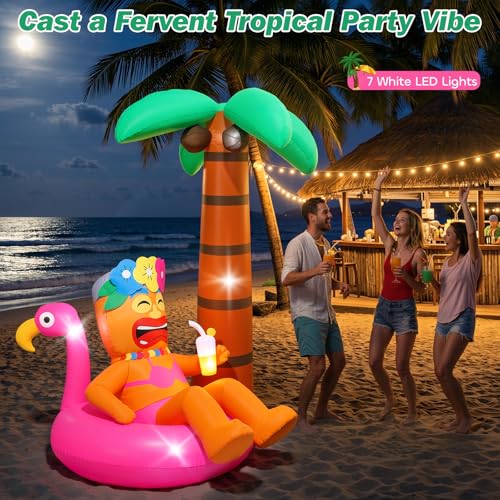Magenta Inflatable Tiki Luau Decor with Flamingo and Coconut Palms - 6FT Outdoor Party Decoration