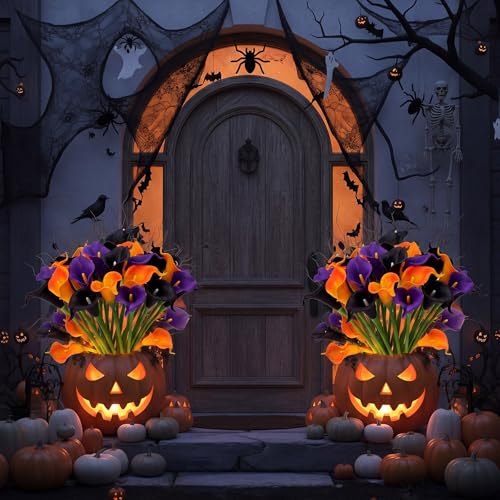 Halloween Flower Picks Set - 24 Black, Orange & Purple Artificial Calla Lilies, 14 Inch