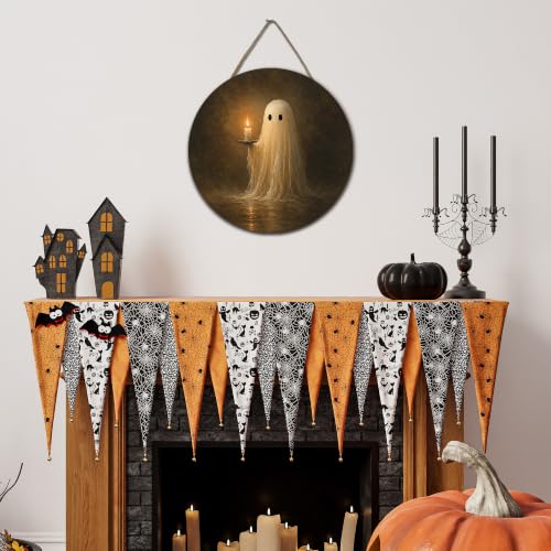 Halloween Ghost Round Door Sign - 10 Inch Wooden Rustic Plaque with Rope - Ghost-3 Variation