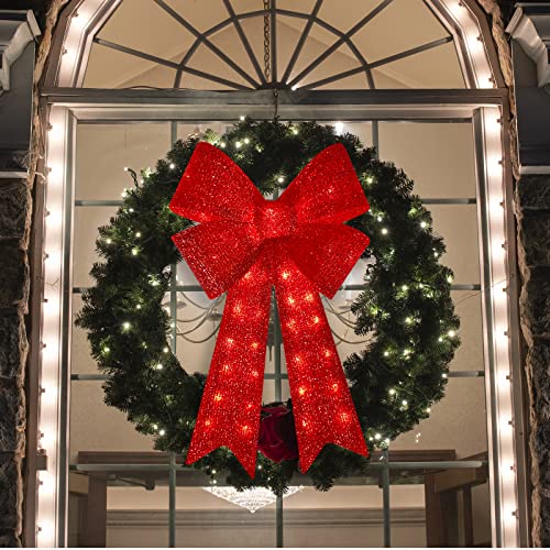 24 Inch 40LED Glitter Red Christmas Wreath Bow with Lights - Indoor Outdoor Holiday Decor