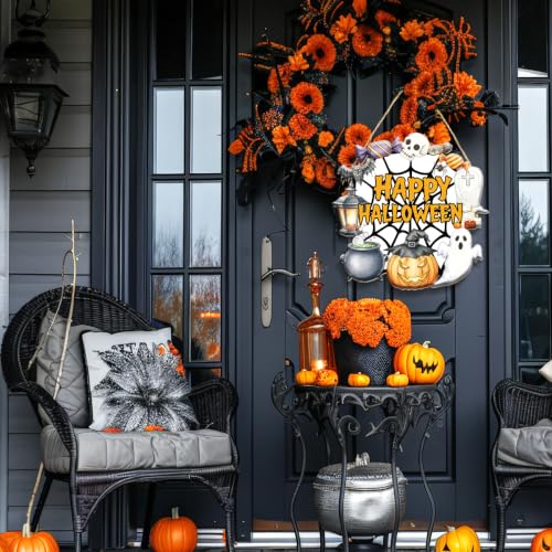 Happy Halloween Spiderweb Wooden Door Sign - Multicolor 01 Halloween Wall Art