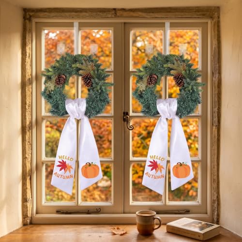 Fall Wreath Sash Set - White and Pumpkin Autumn Front Door Decor, 2 Pieces