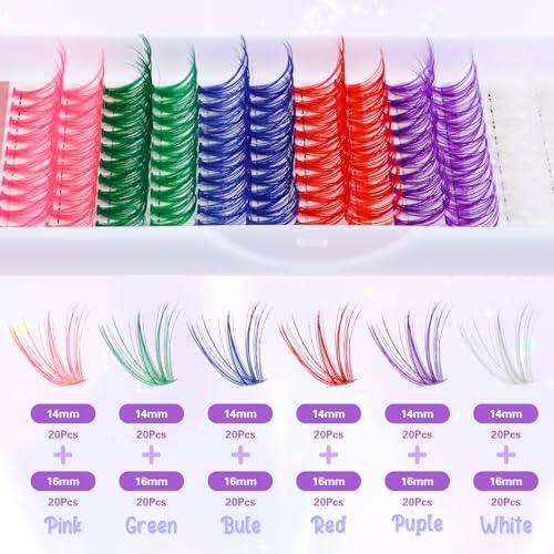 Colorful Eyelash Extensions Kit - 120 Mixed Clusters in 14mm & 16mm