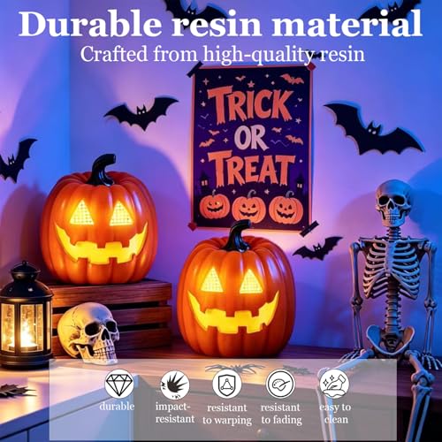 Resin Halloween Jack-o'-Lantern Decor with Blinking Eyes - 5.3 Inch LED Pumpkin Light, Indoor Ornament