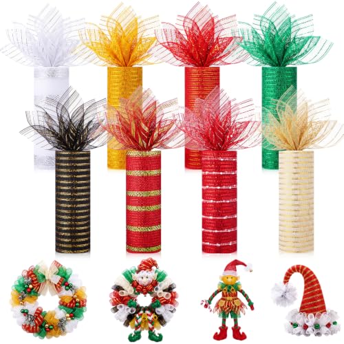 Christmas Mesh Ribbon Rolls - 8 Pack, 10 Inch x 30 Feet, Holiday Wreath Decoration - Variation: Christmas