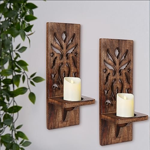 Burnt Wood Wall Sconces Set of 2 - Rustic Carved Pillar Candle Holders, 16 Inch, Farmhouse Style