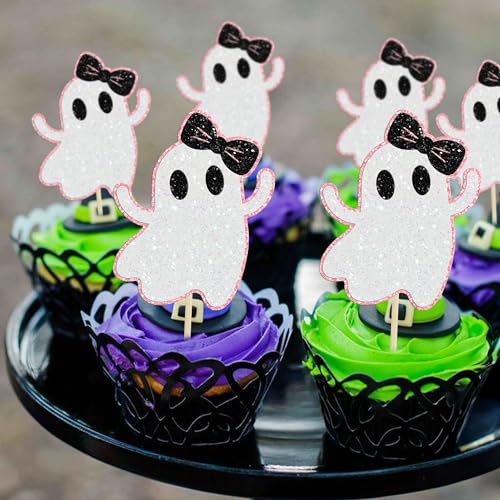 Pink Glitter Ghost Cupcake Toppers Halloween Party Decorations 24 Pack
