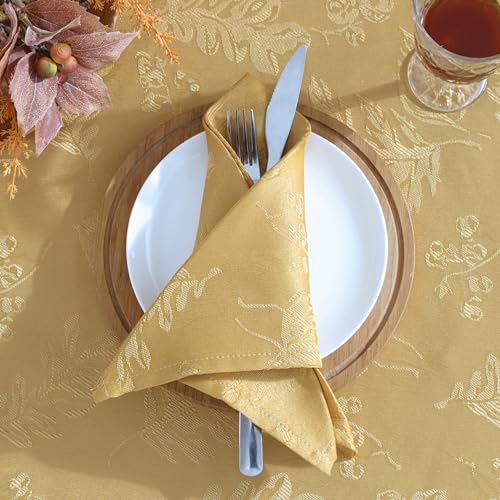 Oval Gold Woven Leaves Jacquard Damask Tablecloth 60 x 84 Inches - Elegant Home Decor