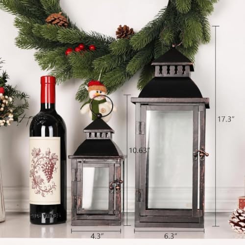 Large Bronze Metal Lanterns Set of 2 with Glass for Indoor Outdoor Decor - 17" & 11" Variation