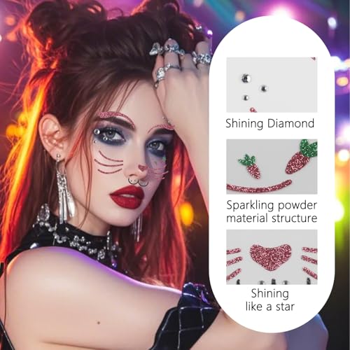 Bunny Face Stickers Halloween Face Tattoo with Rhinestones & Glitter - Variation 05 Bunny Face