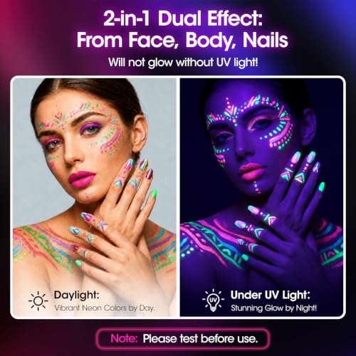 Glow Face & Body Paint Pens - Neon UV Reactive, Skin Safe, Washable, Quick-Dry