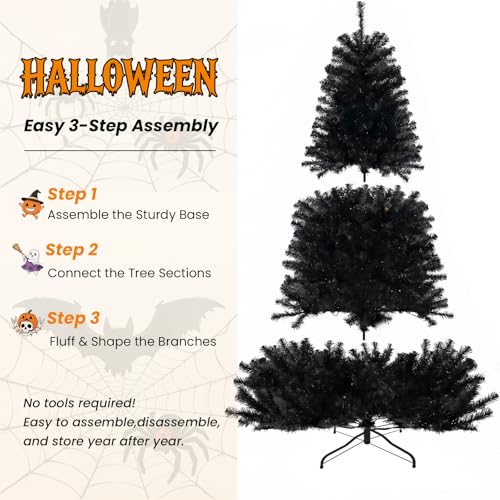 Black 6ft Artificial Christmas Tree with Purple LED Lights, Full Branch Tips & Metal Stand - Halloween & Holiday Decor