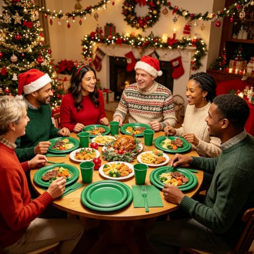 Green Plastic Party Plates and Napkins Set - 50 Pack, Halloween & Christmas Variations