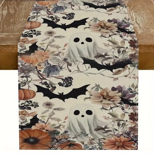 Halloween Ghost Pumpkin Bat Table Runner - Style 01, 13x72 Inch Seasonal Linen Decor